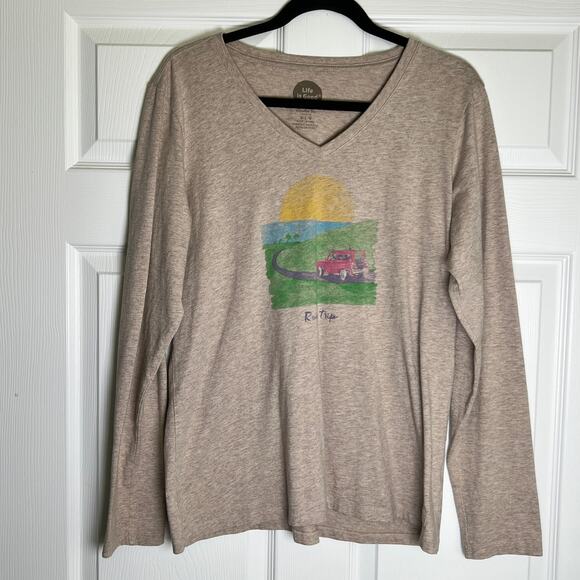 Life is Good Road Trip Crusher Long Sleeve V-Neck Tee Women's L Heather Mocha - Picture 3 of 8